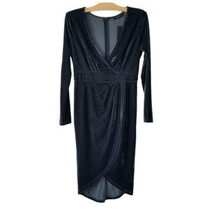 Lac Bleu Womens L Velvet Dress Faux Wrap Bodycon Long Sleeve Gunmetal Gray